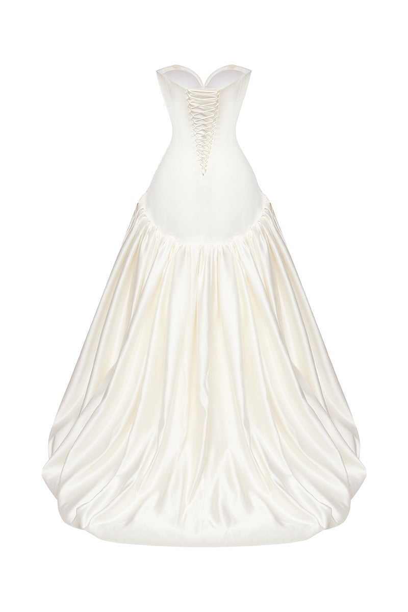 Off-white satin figure dress by Monetre featuring a maxi silhouette with elegant draping and a fitted waist.