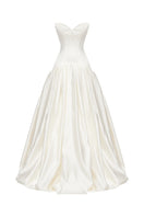 Off-white satin maxi dress by Monetre featuring elegant flowing fabric and a sophisticated silhouette.