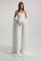 Off-white satin corset top by Monetre, featuring structured design and elegant detailing, perfect for stylish evening wear.