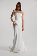 Off-white satin DITA corset top by Monetre with structured design and delicate detailing.