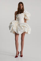 Off-white satin mini dress by Monetre, featuring a stylish and elegant design perfect for casual or dressy occasions.