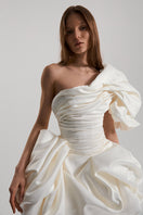 Off-white satin mini dress by Monetre, featuring a sleek, stylish design perfect for elegant occasions.