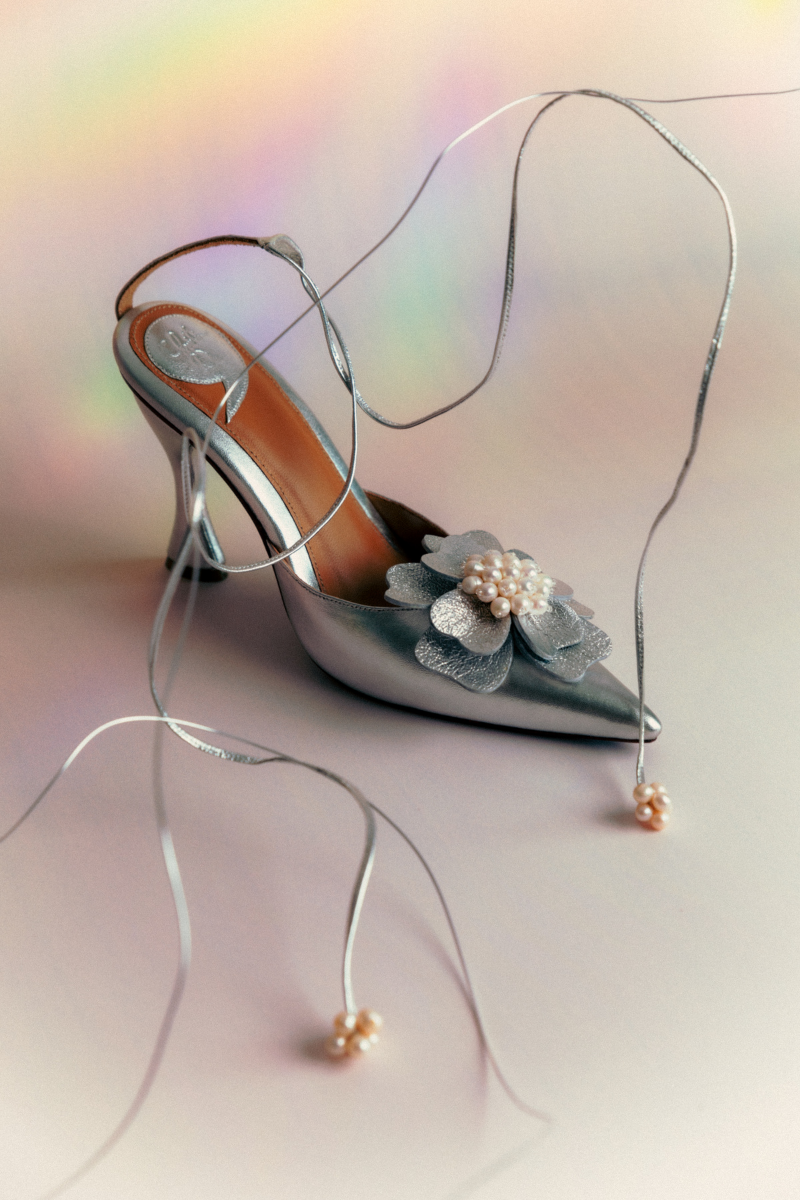 Christin Wu Wynonna heels in Edelweiss with floral embroidery, featuring pointed toes and elegant stiletto heels.