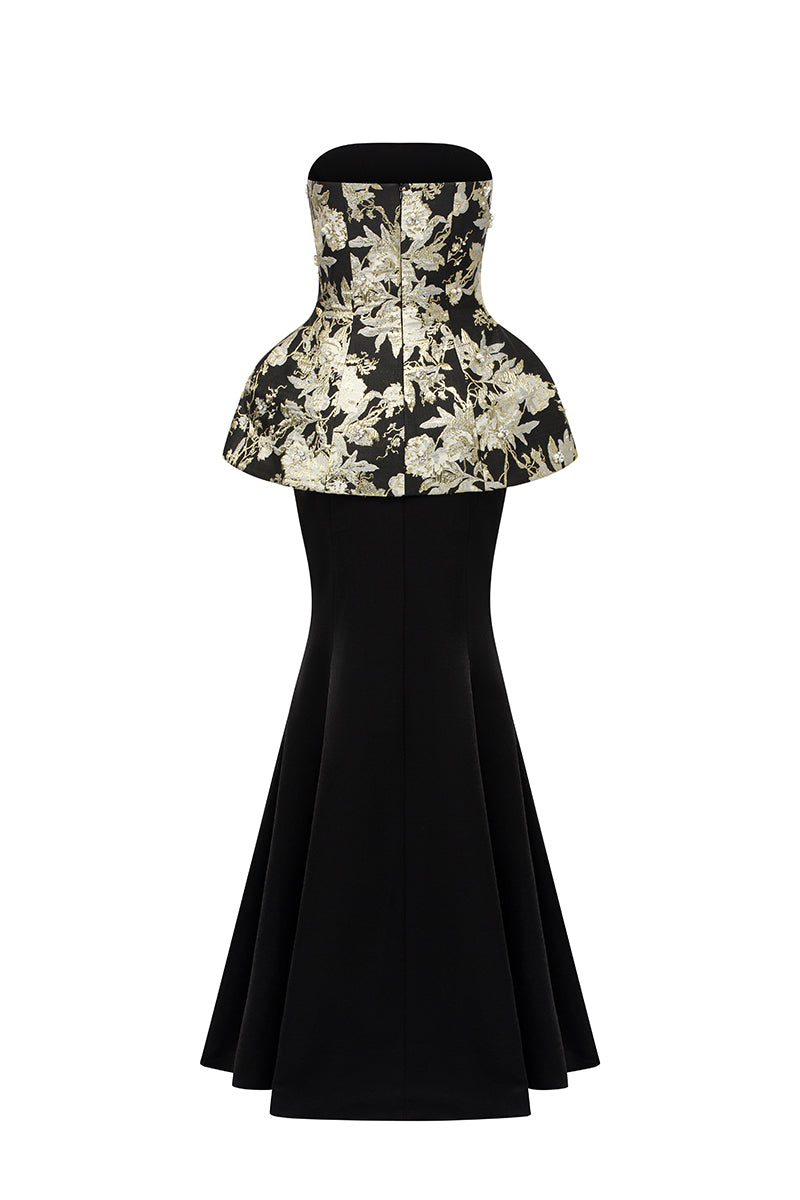 rhiannon corset top midi dress RHIANNON METALLIC JACQUARD AND SILK TAFFETA MAXI DRESS