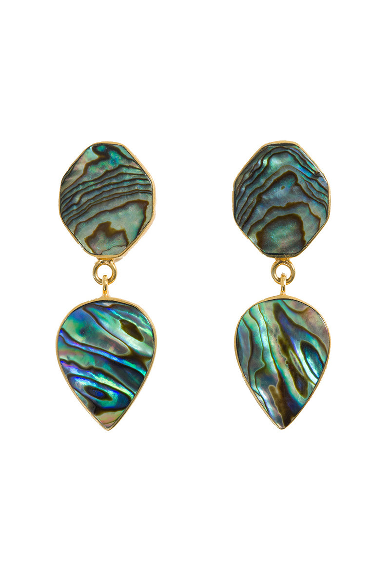 Freya Rose Warrioress drop earrings featuring vibrant paua shell with silver details, showcasing elegant, handcrafted jewelry.