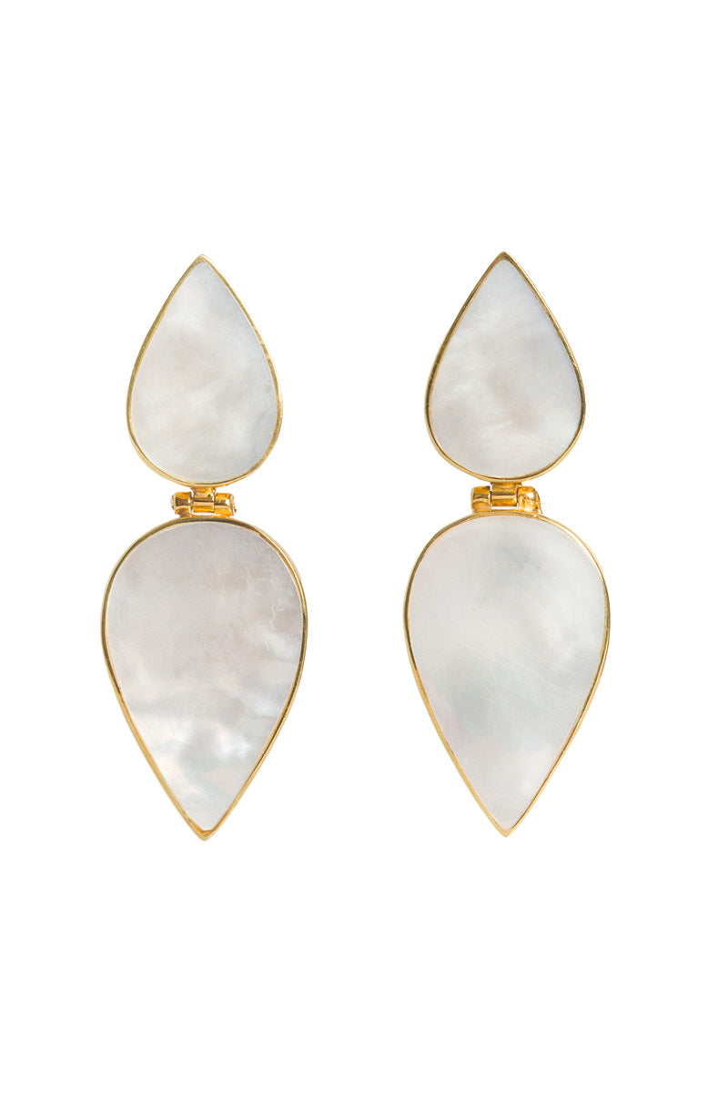 Gold Warrioress drop earrings by Freya Rose featuring sleek, elongated pear-shaped design with intricate detailing.