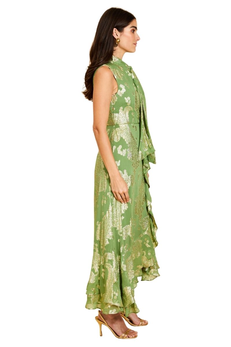 Mestiza New York Waverly midi dress in flowy fabric with a fitted waist and sleeveless design, displayed on a hanger.