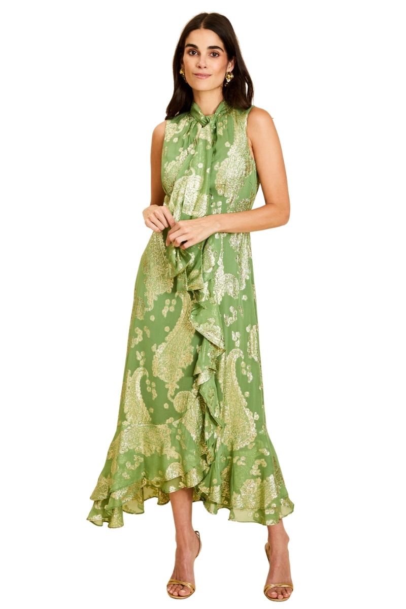 Mestiza New York Waverly midi dress in flowing fabric with a fitted waist and elegant neckline, displayed on a hanger.
