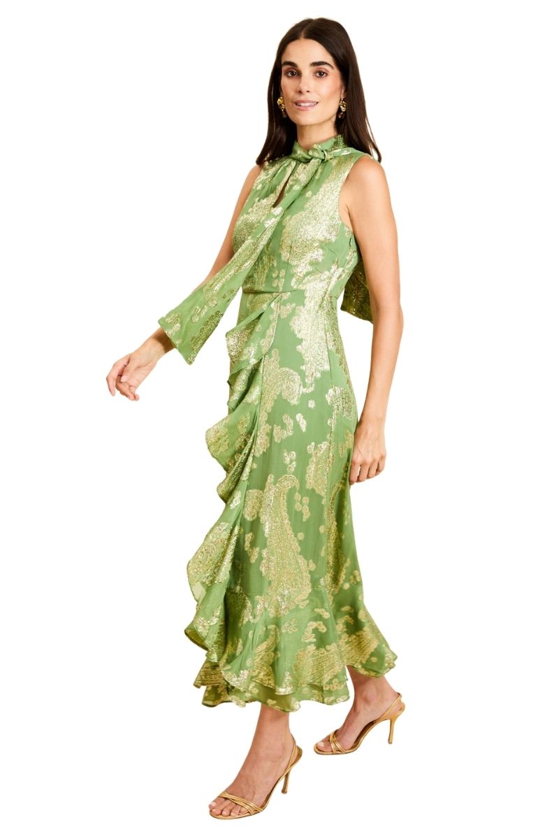 Mestiza New York Waverly midi dress in flowy fabric with a fitted bodice and midi length, displayed on a hanger.