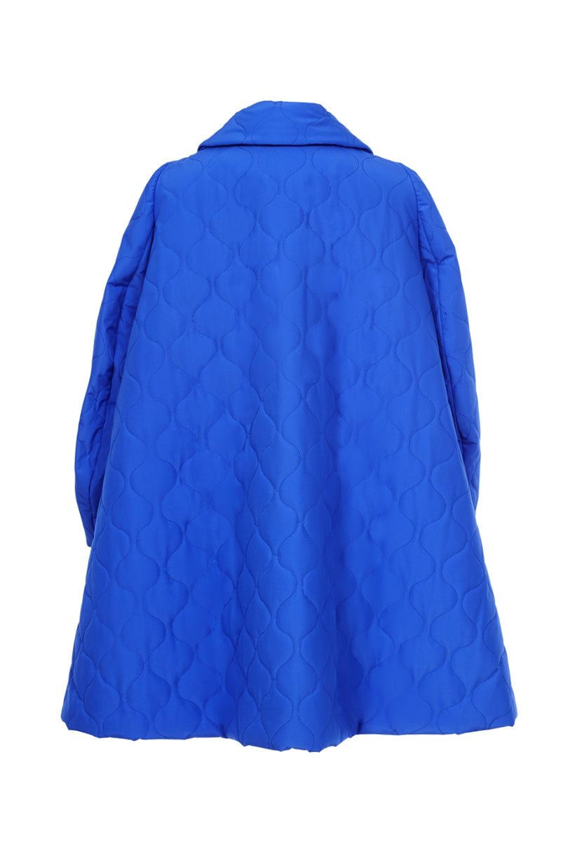 Blue quilt swing coat by Chictopia, stylish jacket featuring a quilted design and swing silhouette, perfect for cool weather.