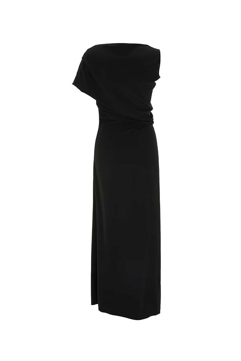 Black crepe maxi dress by Chictopia, featuring a flowing silhouette and elegant design, perfect for stylish occasions.