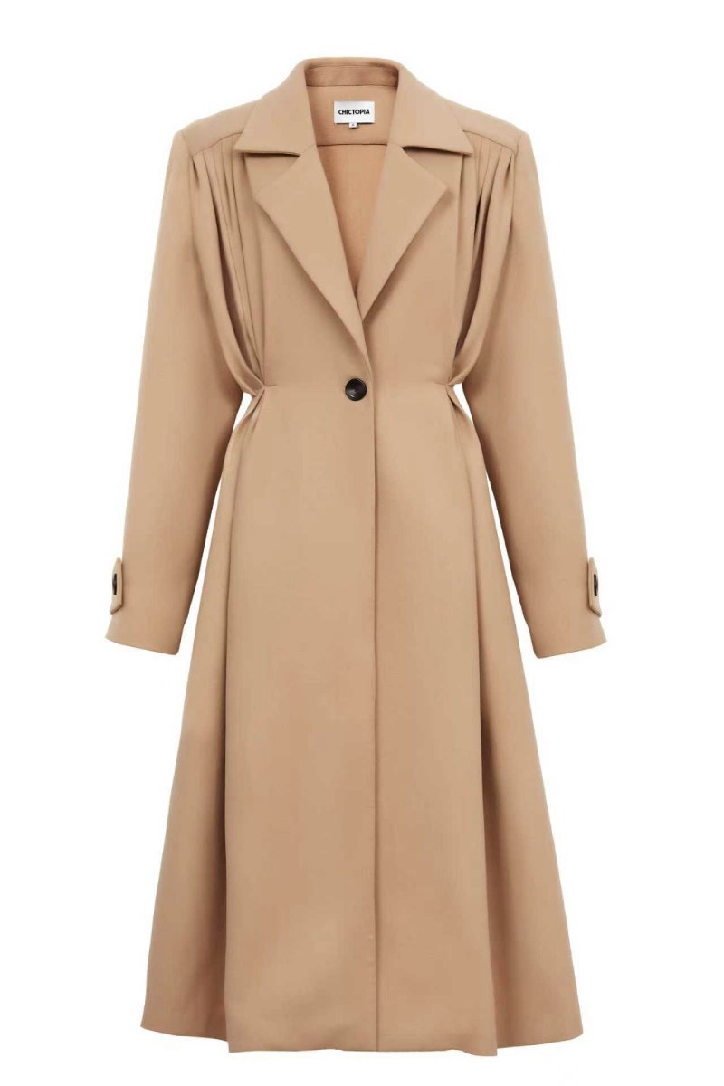 Beige pleated wool coat by Chictopia, featuring a stylish design with pleats and a classic silhouette, displayed on a hanger.