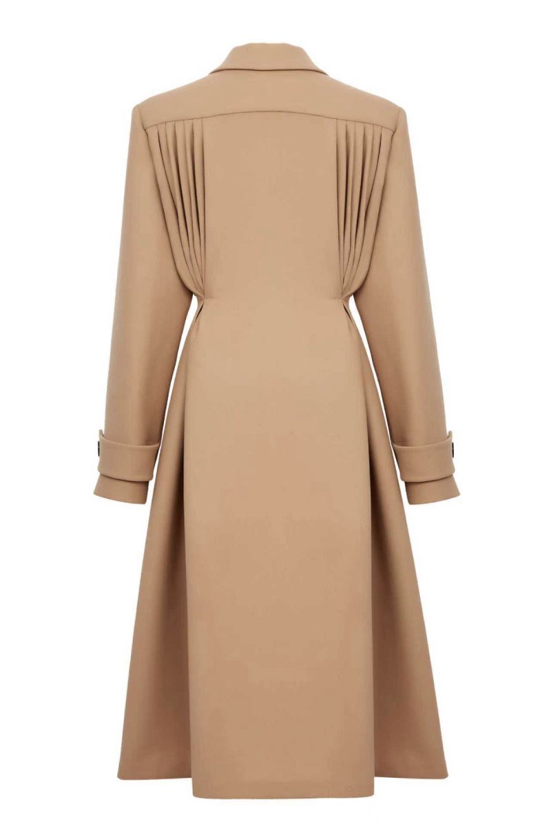 Beige wool coat with pleats by Chictopia, featuring a tailored design and classic style, shown on a hanger.