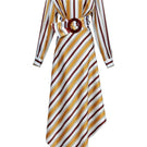 Chictopia silk belted striped midi dress displayed on a hanger, showcasing elegant design and stylish pattern.