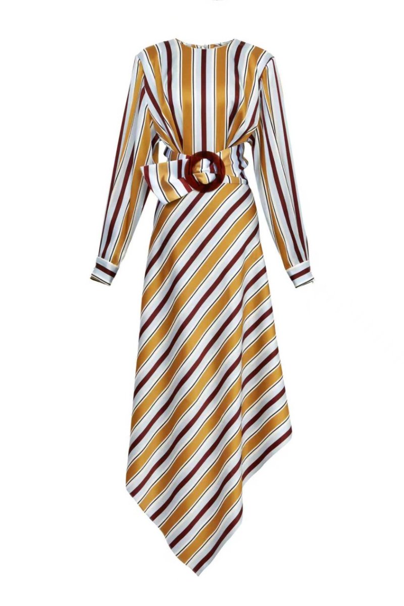 Chictopia silk belted striped midi dress displayed on a hanger, showcasing elegant design and stylish pattern.