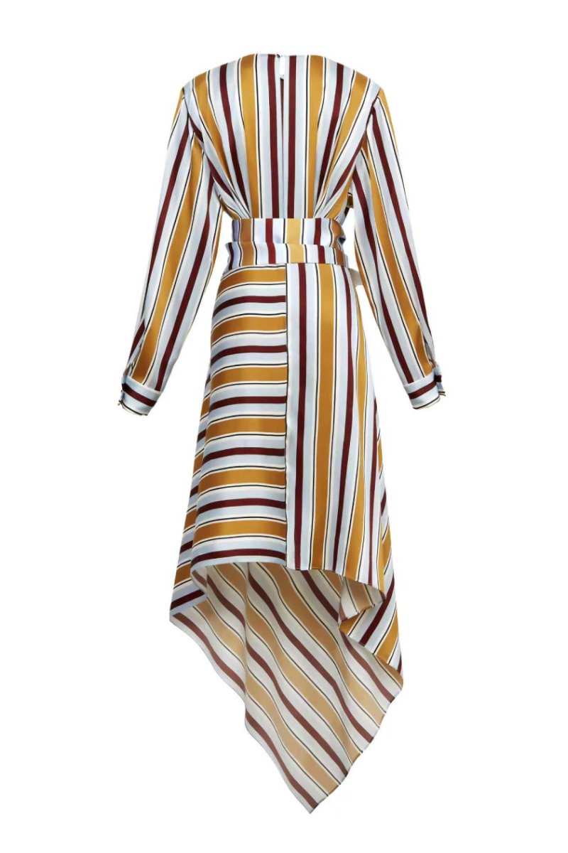 Chictopia silk belted striped midi dress displayed on a hanger, showcasing elegant pattern and flowing fabric.
