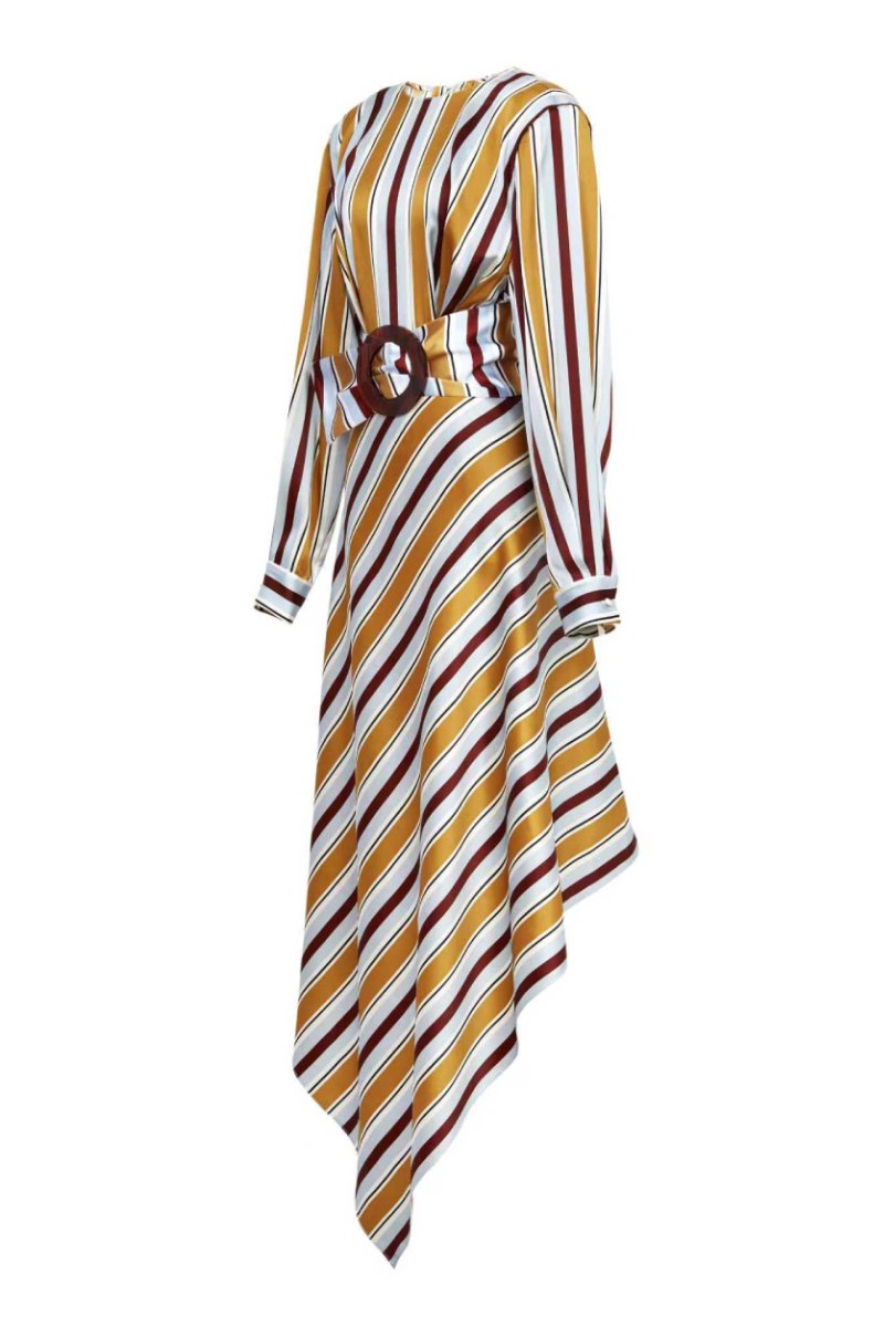 Chictopia silk belted striped midi dress displayed on a hanger, featuring a stylish waist belt and vibrant vertical stripes.