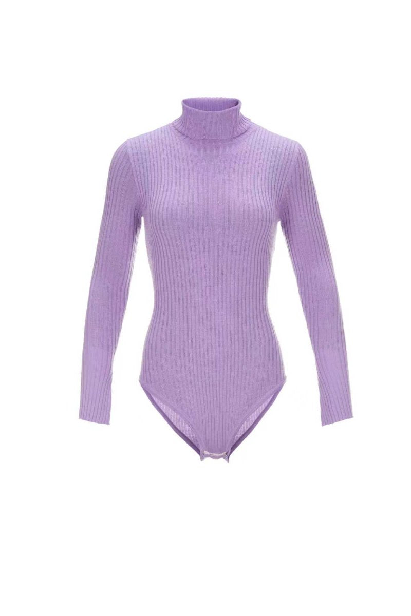Lilac ribbed knit bodysuit by Chictopia showcasing a fitted shirt style with long sleeves and textured fabric.