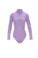 Lilac ribbed knit bodysuit by Chictopia showcasing a fitted shirt style with long sleeves and textured fabric.