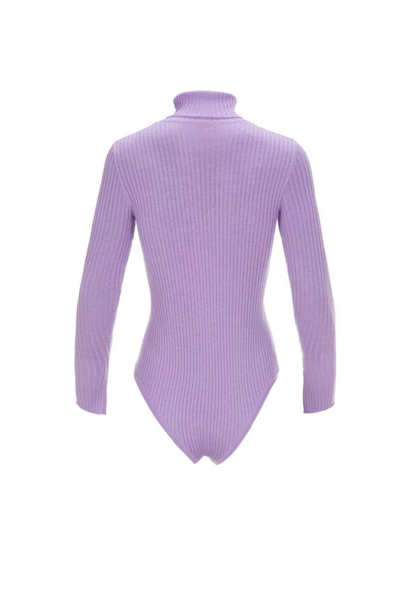 Lilac ribbed knit bodysuit from Chictopia, featuring a fitted design with long sleeves and seamless finish.