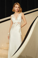 White wedding lace silk maxi dress by MANITO, elegant nightgown with intricate lace details and flowing silk fabric.