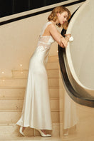 White wedding lace silk maxi dress by MANITO, elegant nightgown with intricate lace details and flowing silk fabric.