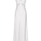 White wedding lace silk maxi dress by MANITO, elegant nightgown with intricate lace details and flowing fabric.