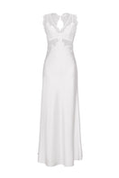 White wedding lace silk maxi dress by MANITO, elegant nightgown with intricate lace details and flowing fabric.