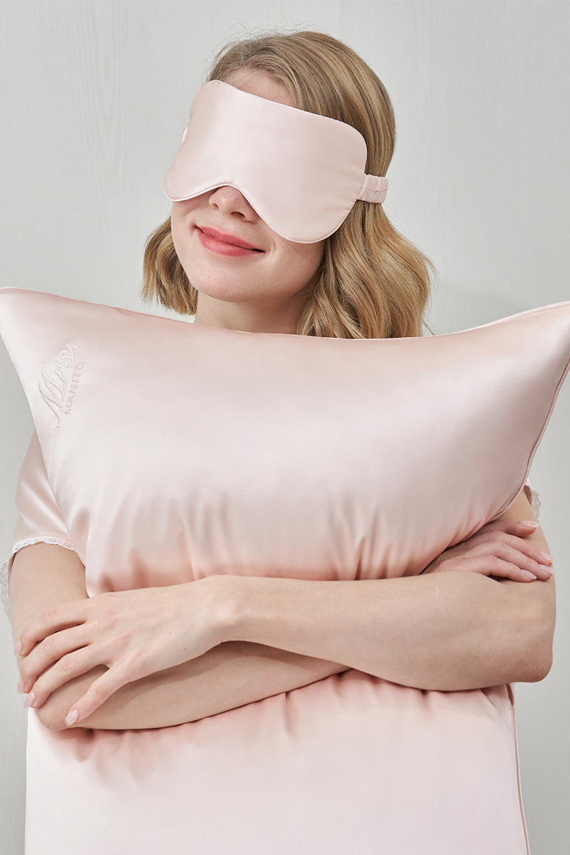 Grey silk eye mask with "Mr. and Mrs." embroidery in a gift box, ideal for wedding or homeware accessories by MANITO.