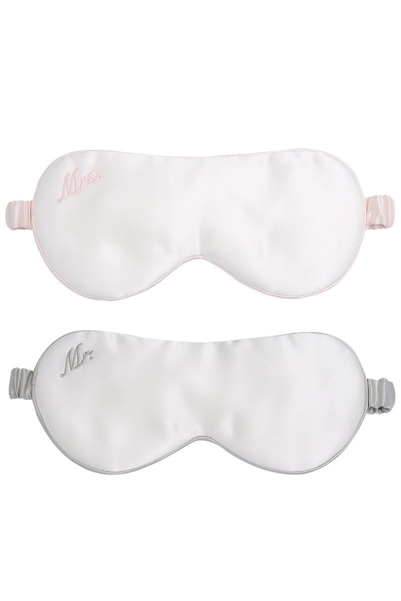 Gray silk eye mask with "Mr. and Mrs." embroidery inside a gift box, ideal for wedding or bridal gift presentation by MANITO.