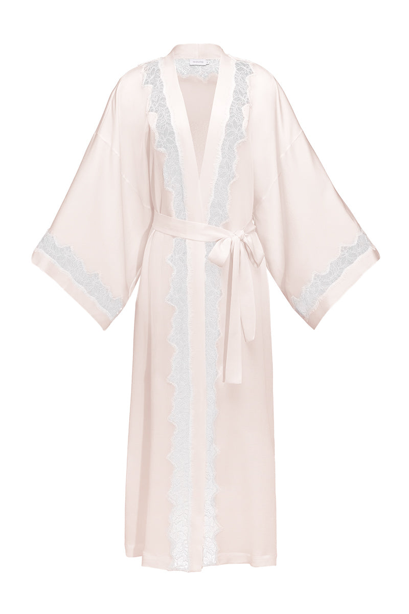 Pink silk wedding lace long robe by MANITO, featuring delicate lace details and a flowing, elegant design for bridal or special occasions.