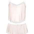 Pink silk pajama set with lace details by MANITO, featuring a comfortable, elegant wedding-inspired design for women.