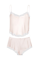 Pink silk pajama set with lace details by MANITO, featuring a comfortable, elegant wedding-inspired design for women.
