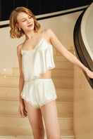 White wedding lace silk pajama set by MANITO featuring delicate lace details and smooth silk fabric, designed for elegant comfort.