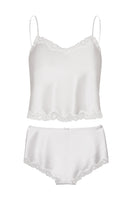 White wedding lace silk pajama set for women by MANITO, featuring delicate lace details and a soft, luxurious fabric.
