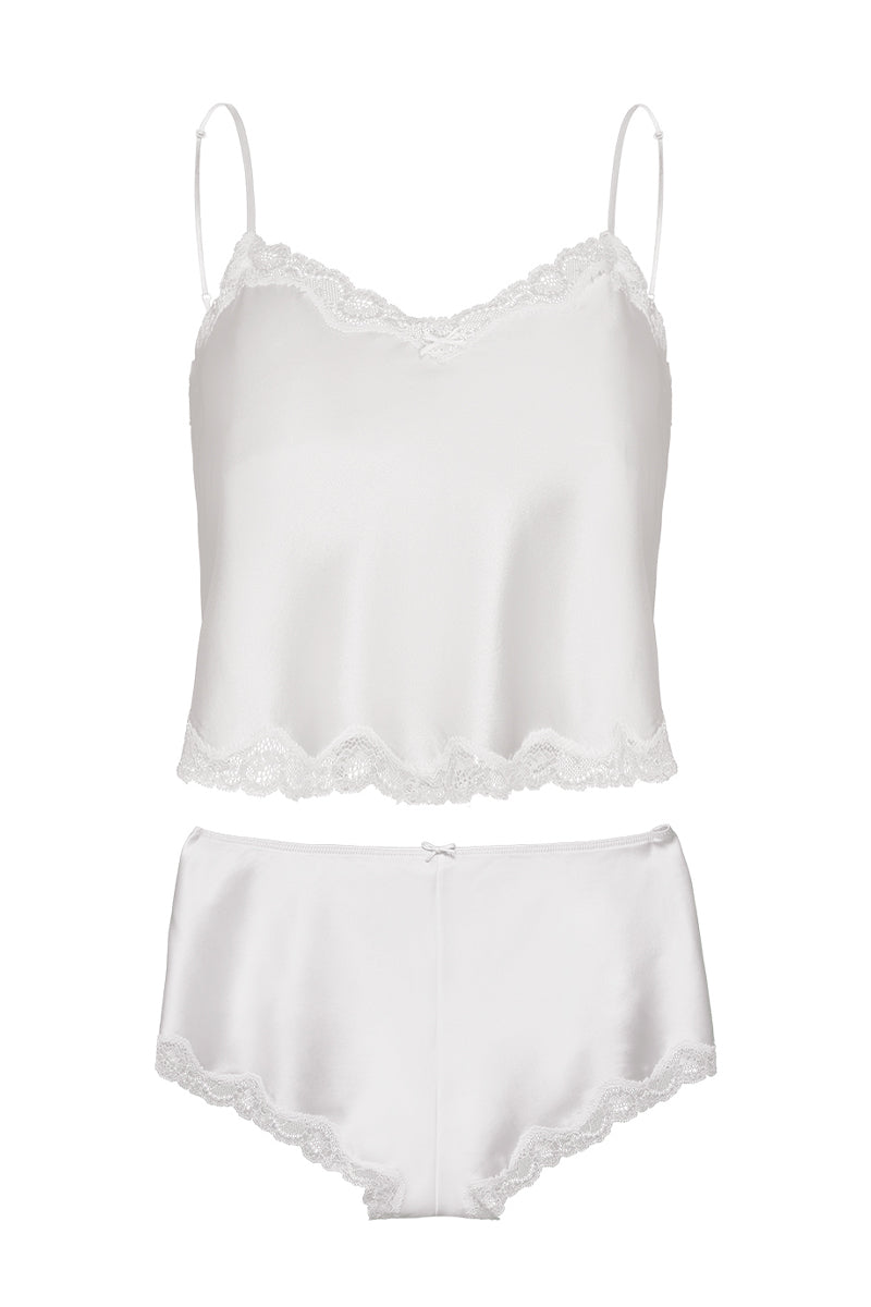 White wedding lace silk pajama set for women by MANITO, featuring delicate lace details and a soft, luxurious fabric.