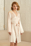 Pink silk wedding lace short robe by MANITO, featuring delicate lace details and a soft, elegant fit for special occasions.