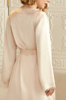 Pink silk lace short wedding robe by MANITO, featuring delicate lace details and a soft, luxurious fabric for bridal wear.