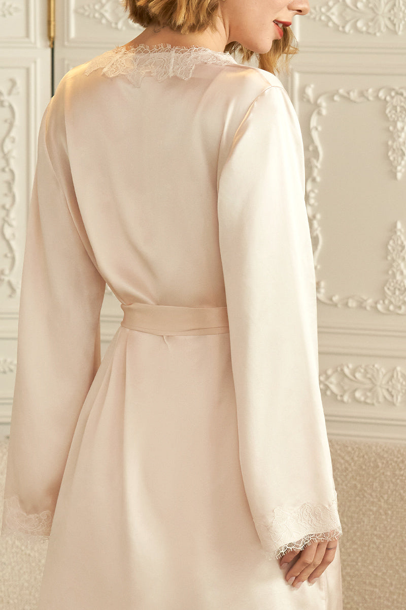 Pink silk lace short wedding robe by MANITO, featuring delicate lace details and a soft, luxurious fabric for bridal wear.