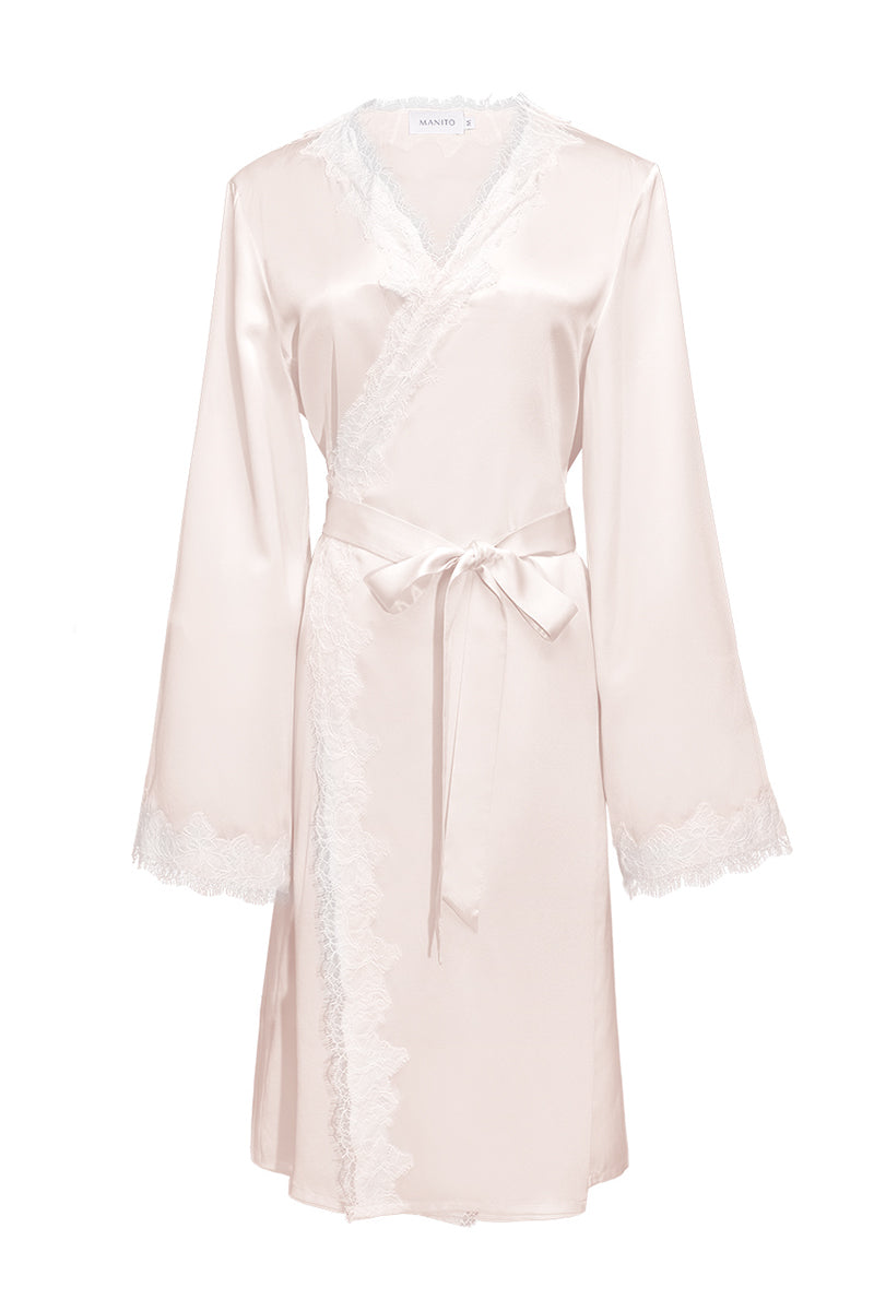 Pink silk wedding lace short robe by MANITO, featuring delicate lace details and a soft, luxurious fabric for bridal or special occasions.