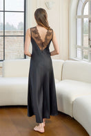 Black silk V-neck nightdress for women, wedding-themed maxi dress by MANITO, featuring elegant, smooth fabric and relaxed fit.