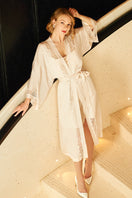 Pink silk wedding lace long robe for women by MANITO, featuring delicate lace details and a flowing, elegant design.