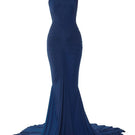 Navy blue high-neck gown by Deme By Gabriella featuring a sleek, elegant design perfect for formal occasions.