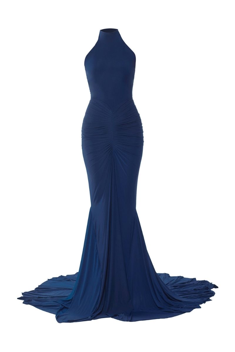 WENDY NAVY BLUE HIGH-NECK GOWN - CULT MIA
