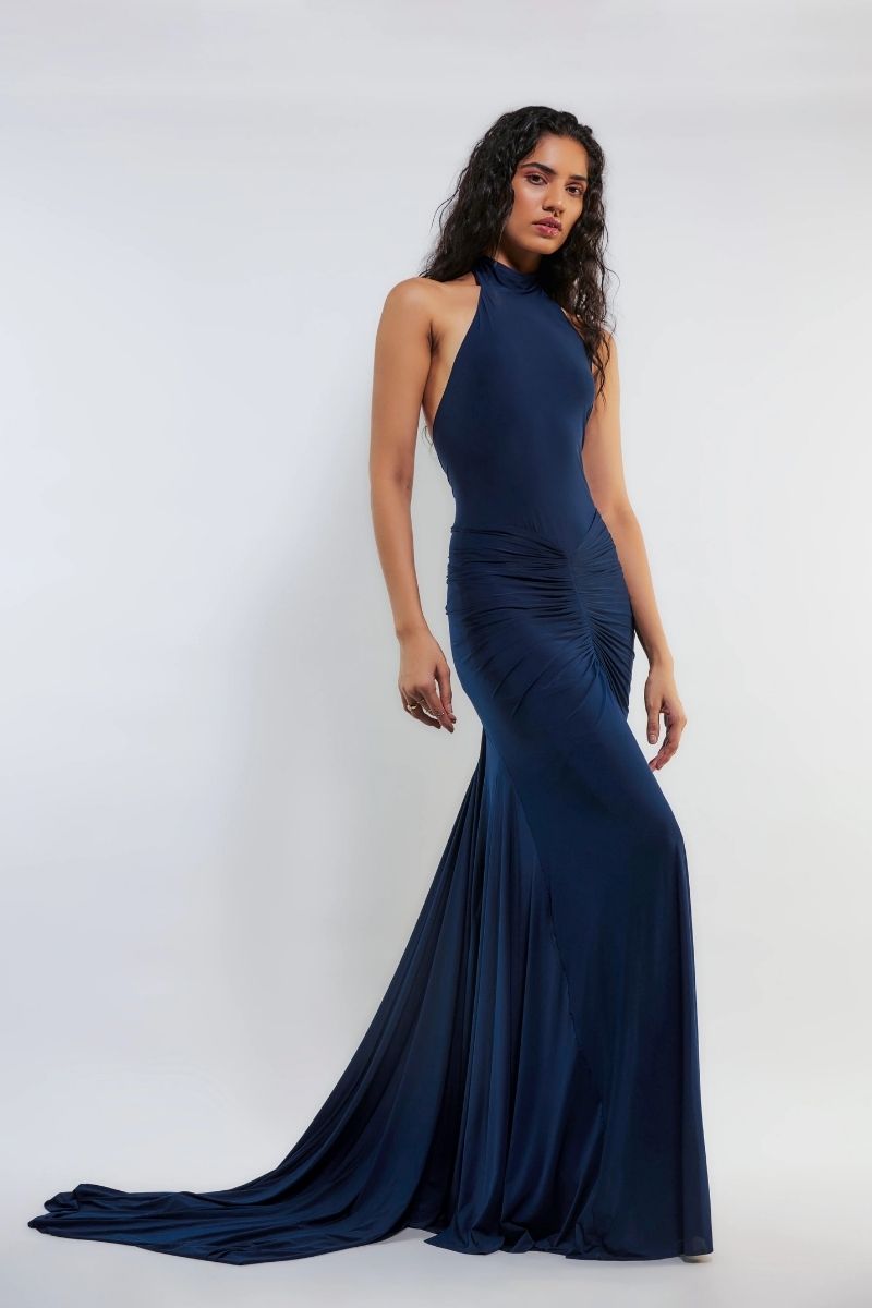 Deme By Gabriella WENDY NAVY BLUE HIGH-NECK GOWN | Cult Mia Deme By Gabriella WENDY NAVY BLUE HIGH-NECK GOWN | Cult Mia