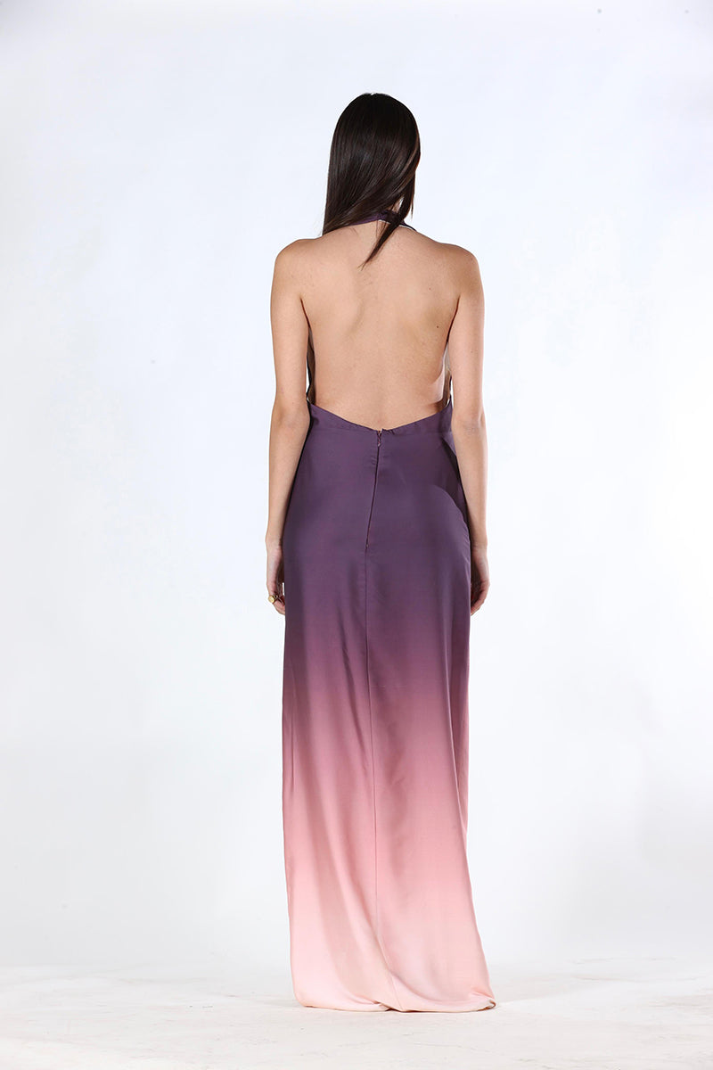 Aesthetic purple gradient maxi dress from Aquarel Studio, featuring flowing fabric and elegant design.