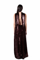 A brown Eclipse gown by Aquarel Studio featuring elegant fabric and flowing design, displayed on a hanger against a neutral background.