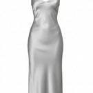 Silver MASTANI slip midi dress displayed on a hanger, showcasing sleek fabric and minimalist design.
