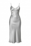 Silver MASTANI slip midi dress displayed on a hanger, showcasing sleek fabric and minimalist design.