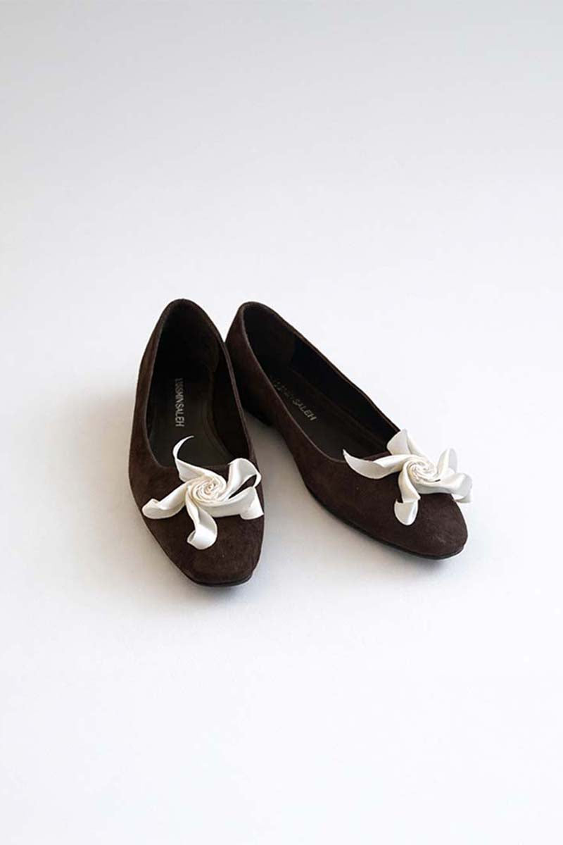 YASSMIN SALEH Whispers Ballet flats in brown with ghostly design, showcasing comfortable slip-on ballet shoe style.